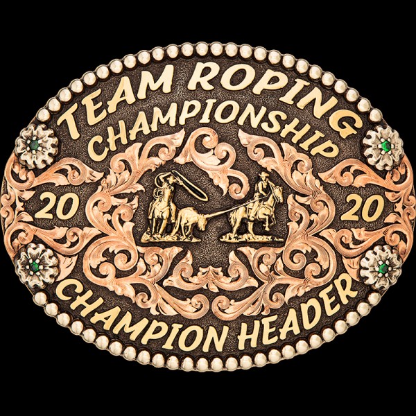 The Brawley Belt Buckle features a silver bead edge and beautiful copper scrollwork. Customize this team roping oval buckle for your next event trophy!
